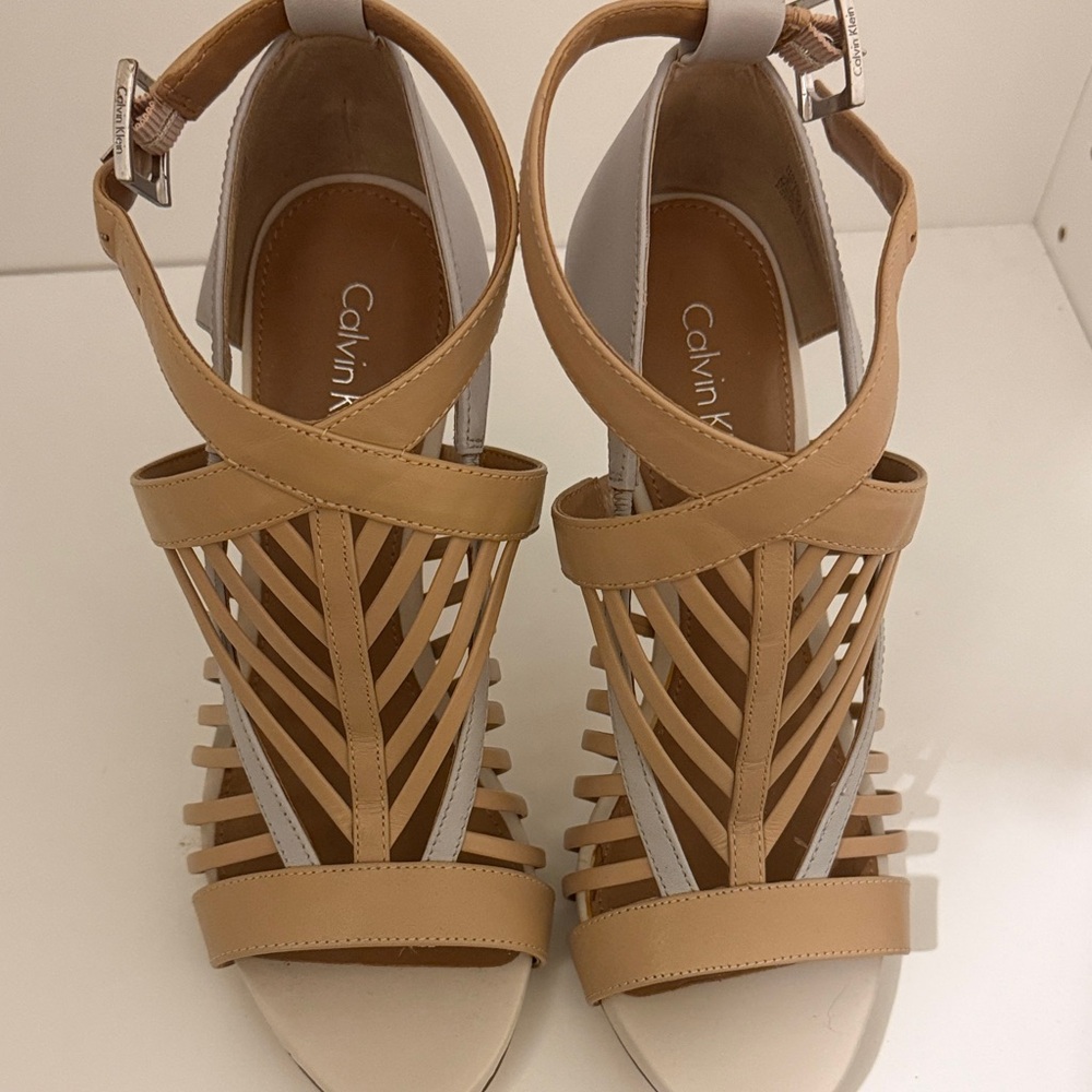 Calvin Klein Beige and Light Gray Strappy Heels